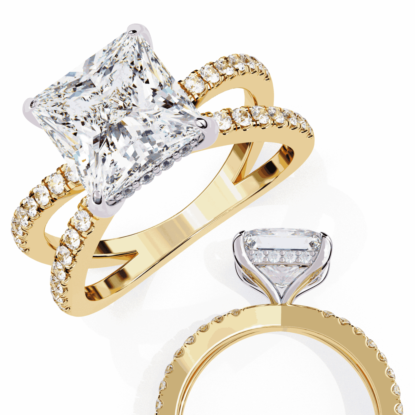 Princess Cut Lab Grown Diamond Hidden Halo Engagement Ring with Pavé X Crossover Band