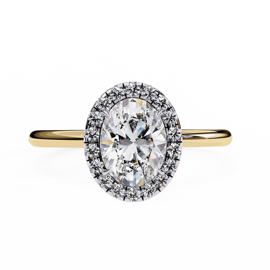 Oval Cut Lab Grown Diamond Halo Engagement Ring with Plain Band and Four-Prong Setting