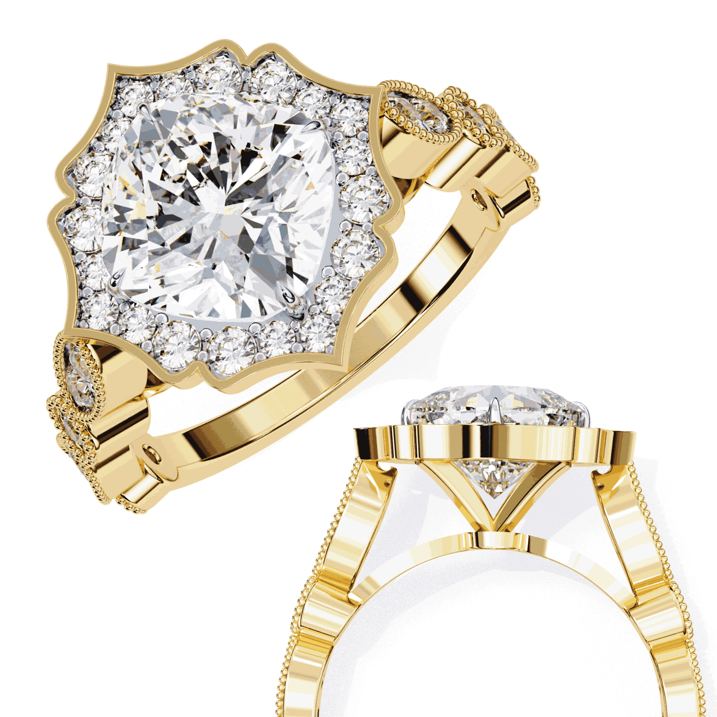 Cushion Cut Lab Grown Diamond Halo Engagement Ring with Vintage Scalloped Lotus Halo