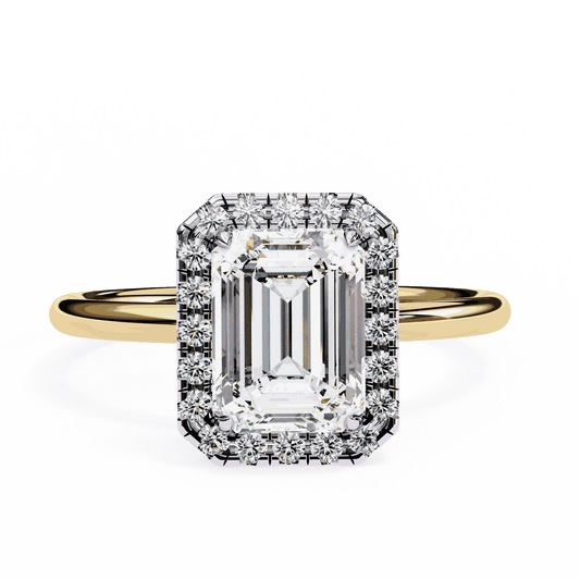 Emerald Cut Lab Grown Diamond Halo Engagement Ring with Plain Band and Four-Prong Setting