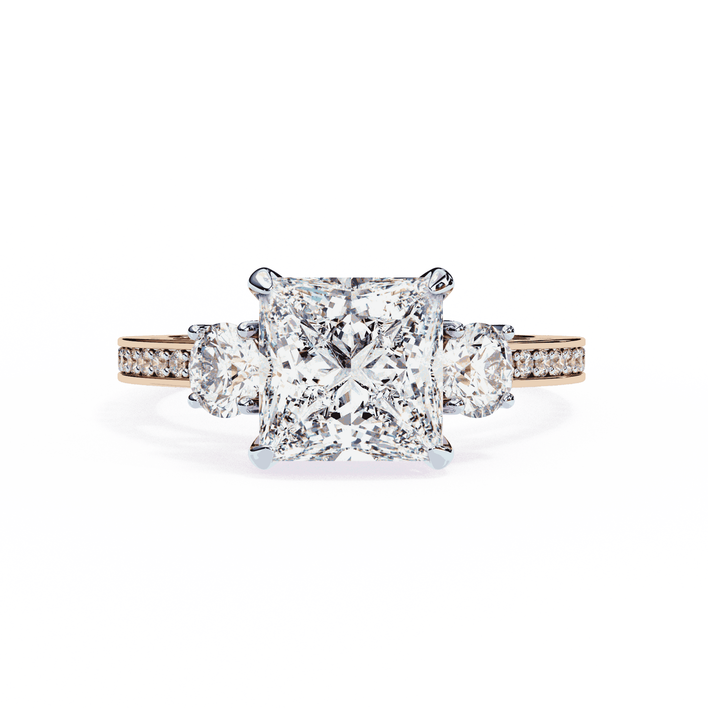 Princess Cut Lab Grown Diamond Three Stone Engagement Ring with Round Sides and Pavé Band