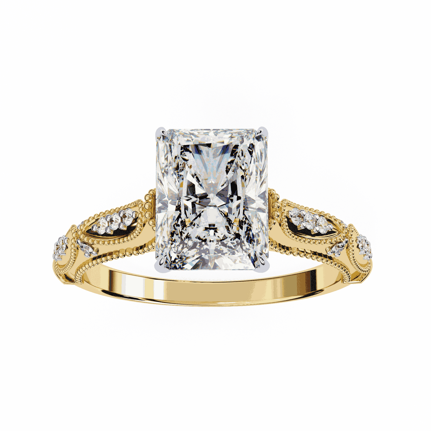 Radiant Cut Lab Grown Diamond Solitaire Engagement Ring with Vintage Milgrain Marquise Stations