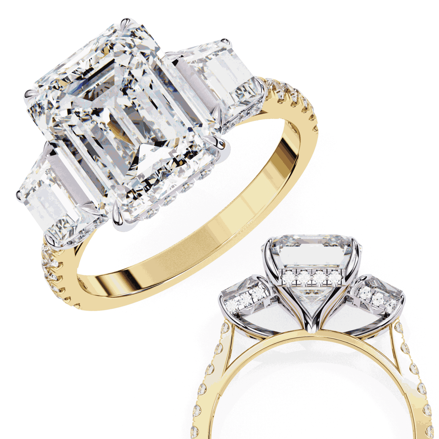 Emerald Cut Lab Grown Diamond Three Stone Engagement Ring with Emerald Sides and Pavé Band