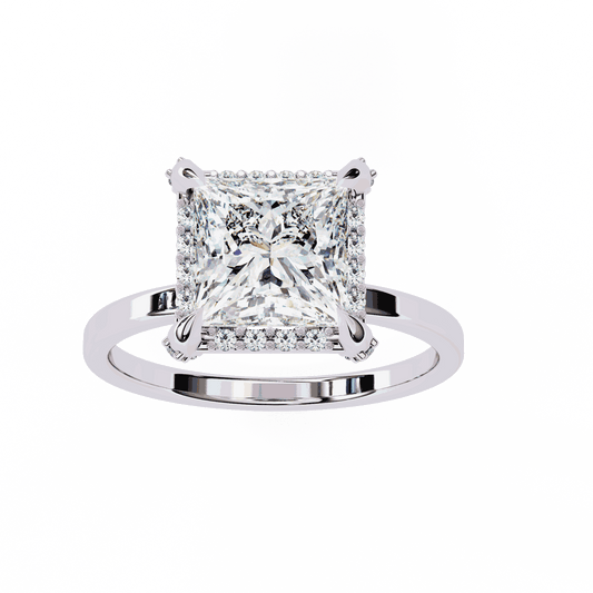 Princess Cut Lab Grown Diamond Pave Engagement Ring with Hidden Halo and Plain Polished Band