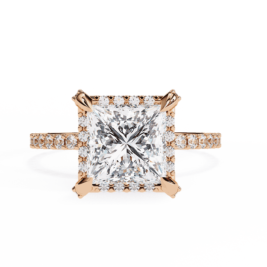 Princess Cut Lab Grown Diamond Pave Engagement Ring with Hidden Halo and Pave Band