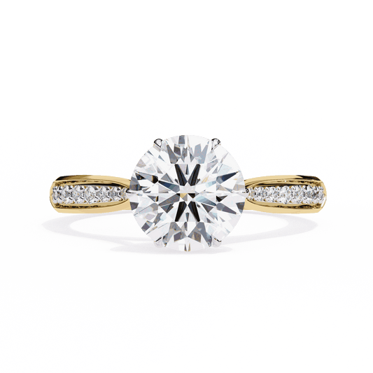 Round Cut Lab Grown Diamond Pave Engagement Ring with Tapered Bead Set Shoulders