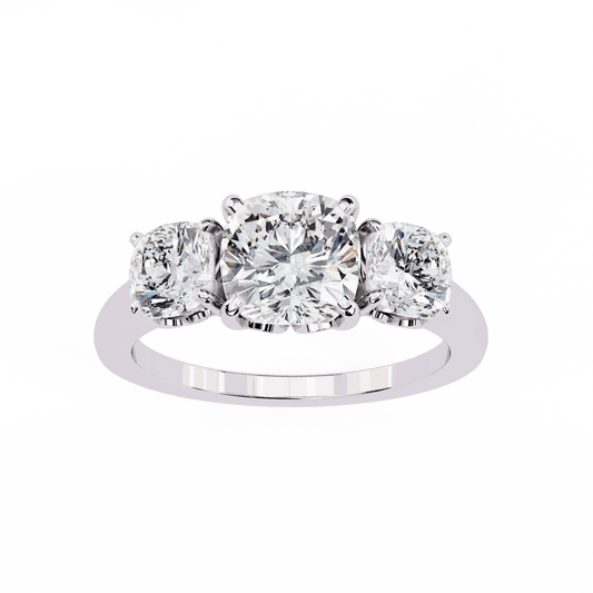 Cushion Cut Lab Grown Diamond Three Stone Engagement Ring with Cushion Side Stones