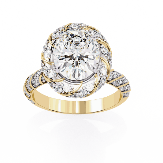 Oval Cut Lab Grown Diamond Halo Engagement Ring with Two-Tone Ribbon Wrap