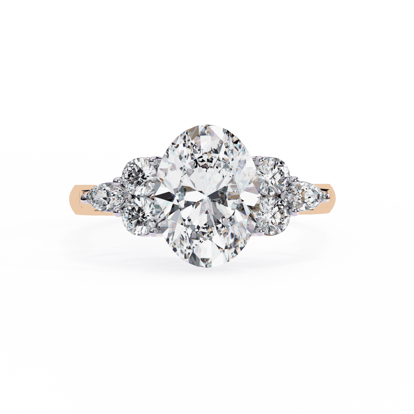 Oval Cut Lab Grown Diamond Side Stone Engagement Ring with Round and Pear Cluster Accents