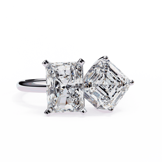 Radiant and Asscher Cut Lab Grown Diamond Toi et Moi Engagement Ring with Tilted Pairing