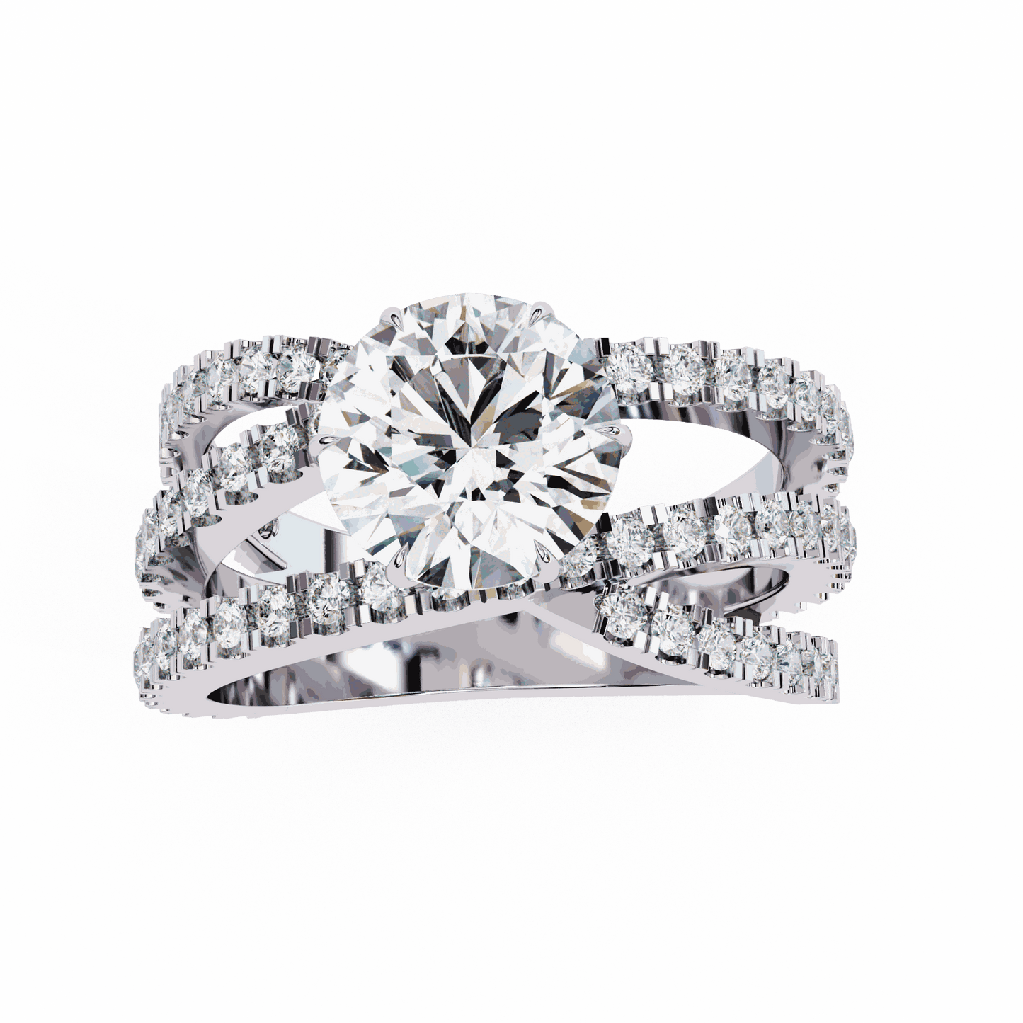 Round Cut Lab Grown Diamond Pave Engagement Ring with Crisscross Multi-Row Shank