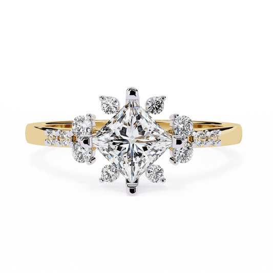 Princess Cut Lab Grown Diamond Vintage Engagement Ring with Kite-Set Starburst Clusters