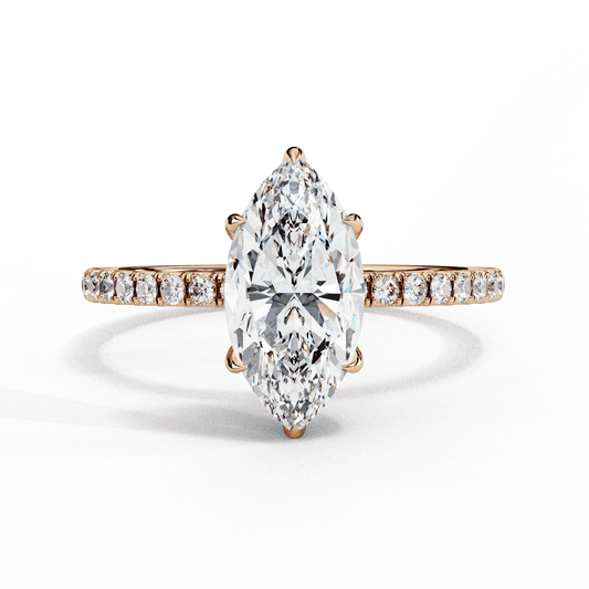 Marquise Cut Lab Grown Diamond Pave Engagement Ring with Hidden Halo and Knife-Edge Band