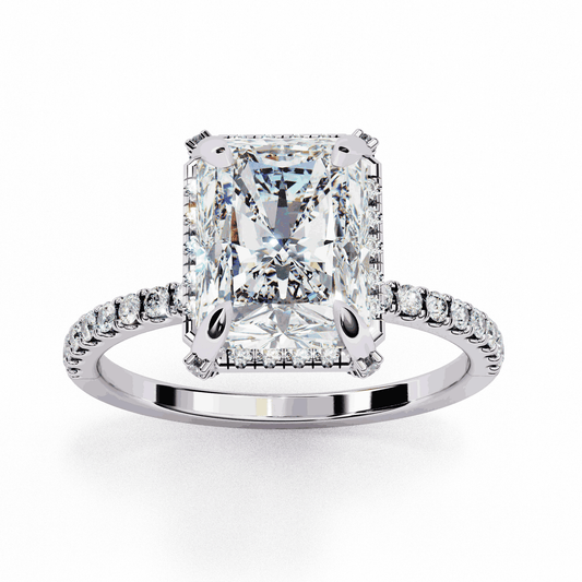 Radiant Cut Lab Grown Diamond Hidden Halo Ring with Claw Prongs