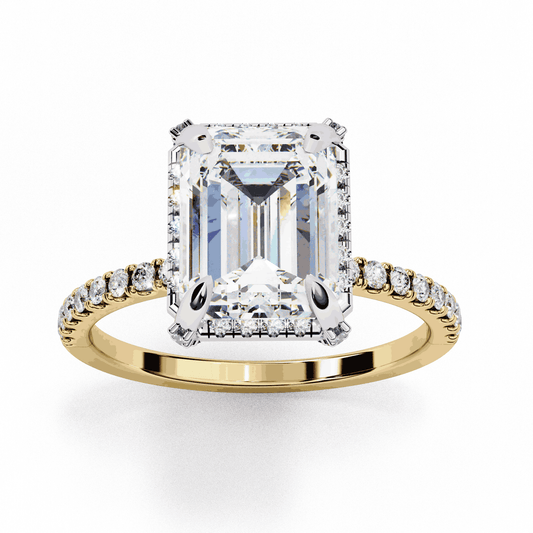 Emerald Cut Lab Grown Diamond Hidden Halo Ring with Pavé Band