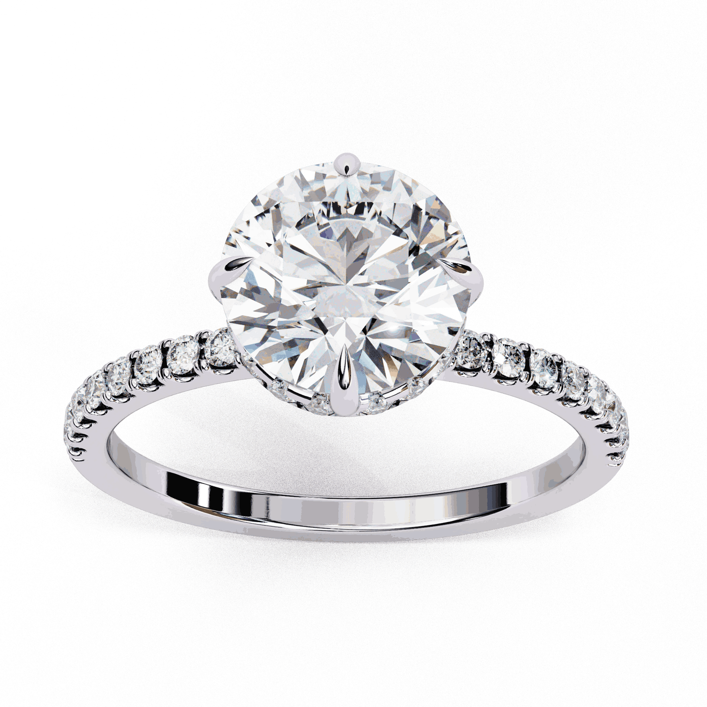 Round Cut Lab Grown Diamond Pave Engagement Ring with Hidden Halo and Claw Prong Setting
