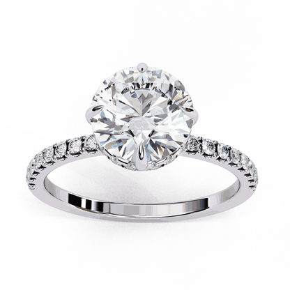Round Cut Lab Grown Diamond Pave Engagement Ring with Hidden Halo and Claw Prong Setting
