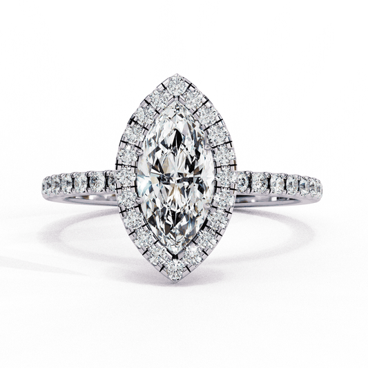 Marquise Cut Lab Grown Diamond Halo Engagement Ring with Pavé Band