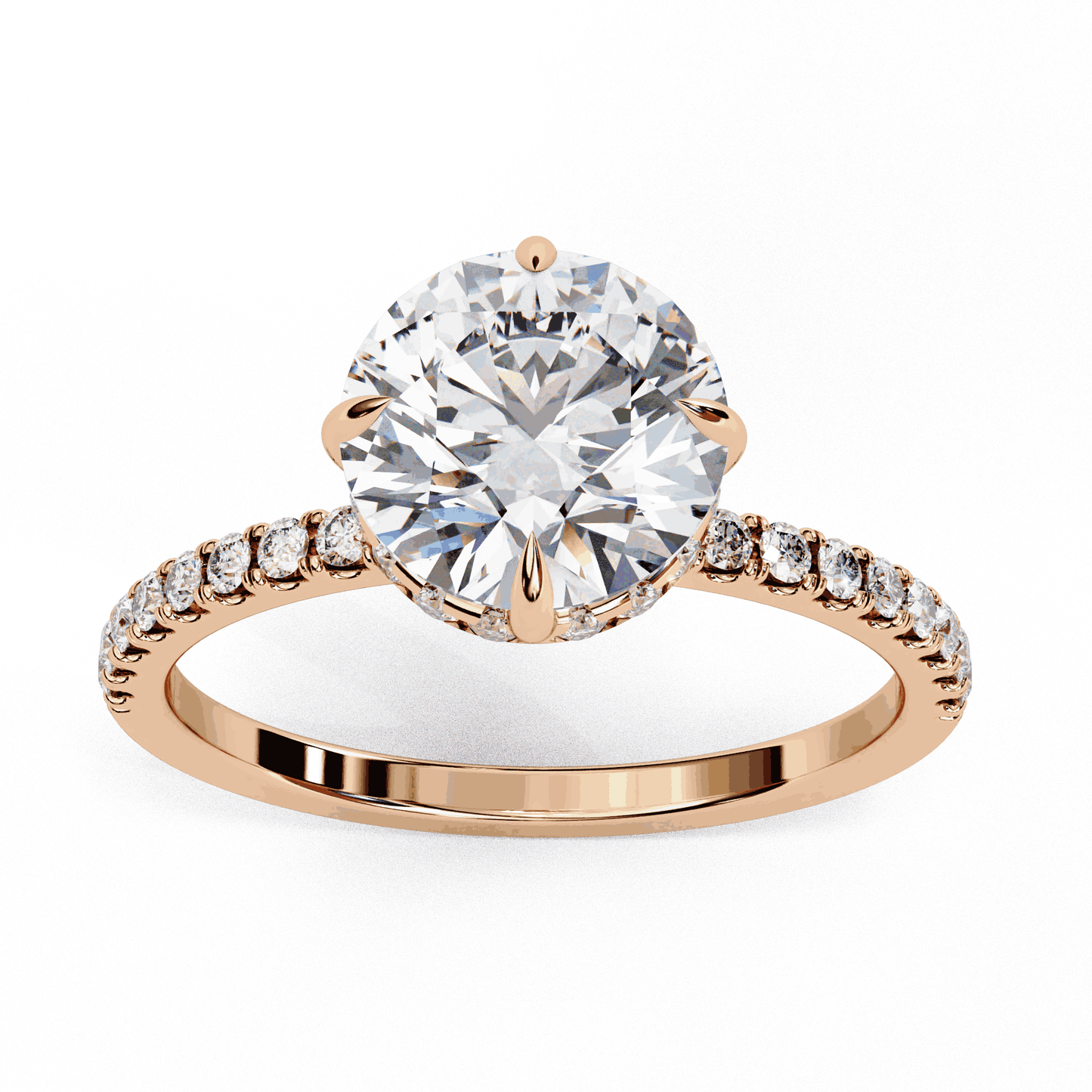 Round Cut Lab Grown Diamond Pave Engagement Ring with Hidden Halo and Claw Prong Setting