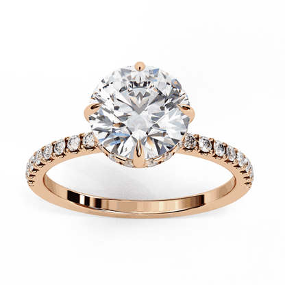 Round Cut Lab Grown Diamond Pave Engagement Ring with Hidden Halo and Claw Prong Setting