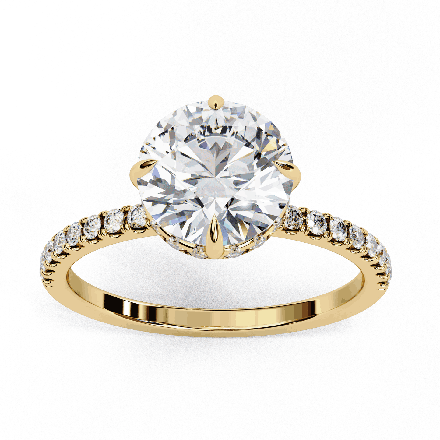 Round Cut Lab Grown Diamond Pave Engagement Ring with Hidden Halo and Claw Prong Setting