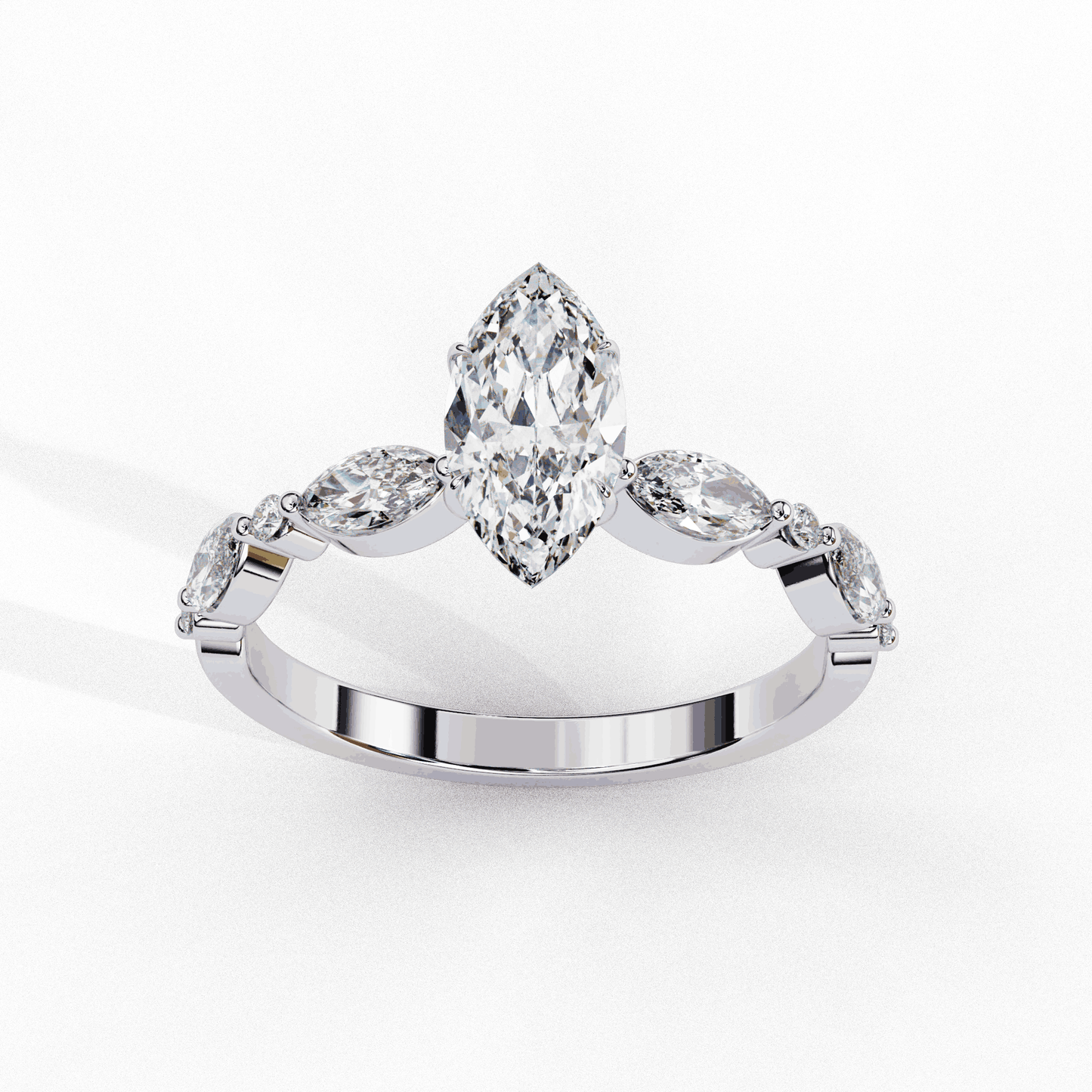 Marquise Cut Lab Grown Diamond Pave Engagement Ring with Marquise and Round Accent Shoulders
