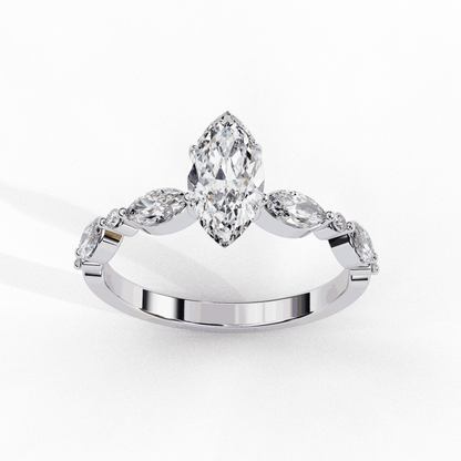 Marquise Cut Lab Grown Diamond Pave Engagement Ring with Marquise and Round Accent Shoulders