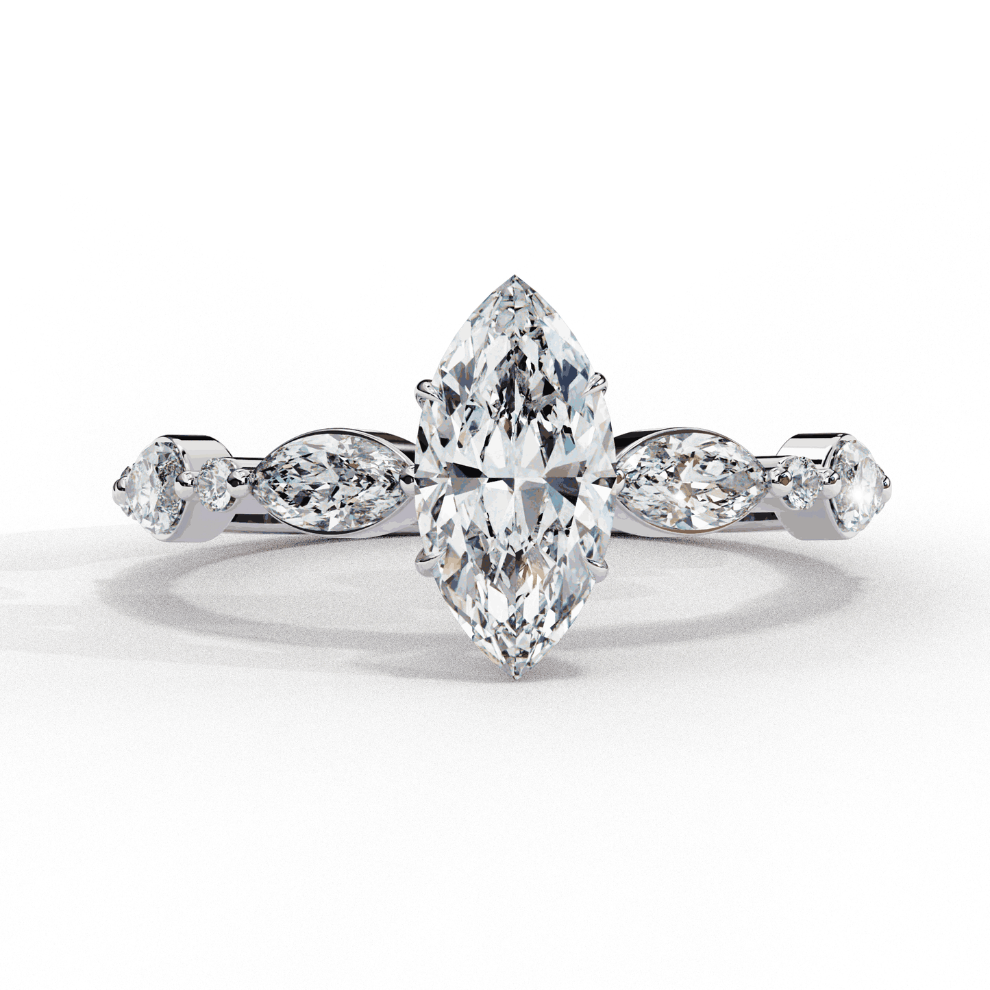 Marquise Cut Lab Grown Diamond Pave Engagement Ring with Marquise and Round Accent Shoulders