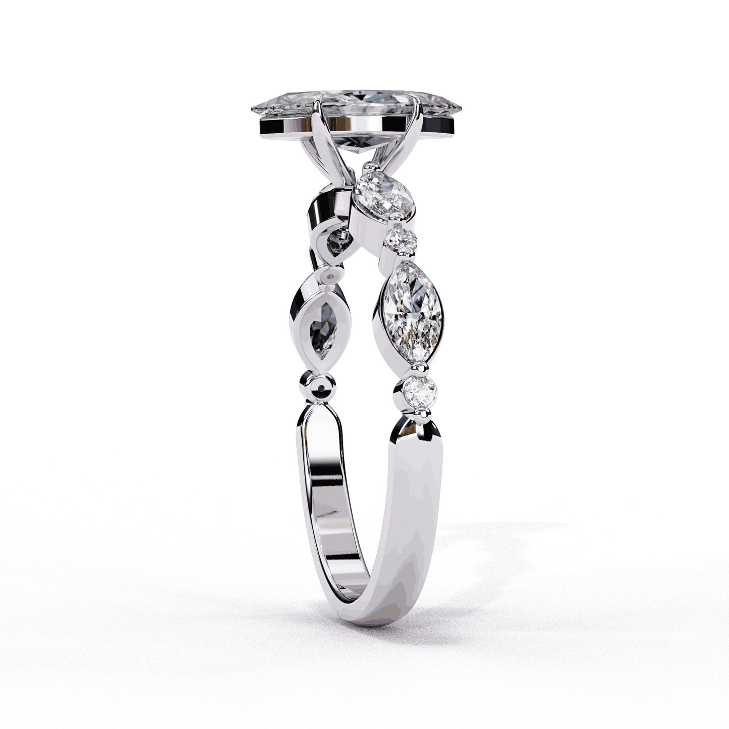 Marquise Cut Lab Grown Diamond Pave Engagement Ring with Marquise and Round Accent Shoulders