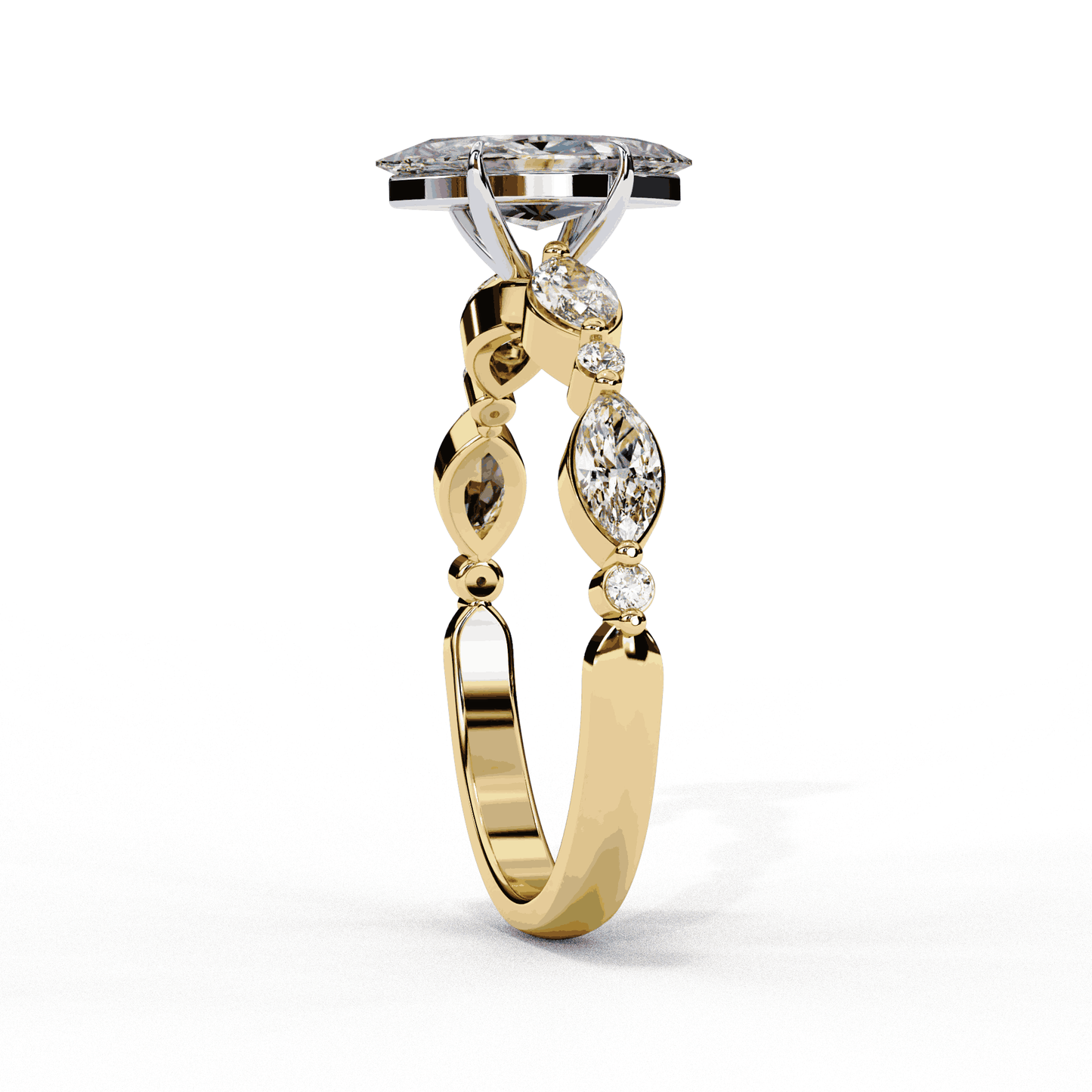 Marquise Cut Lab Grown Diamond Pave Engagement Ring with Marquise and Round Accent Shoulders