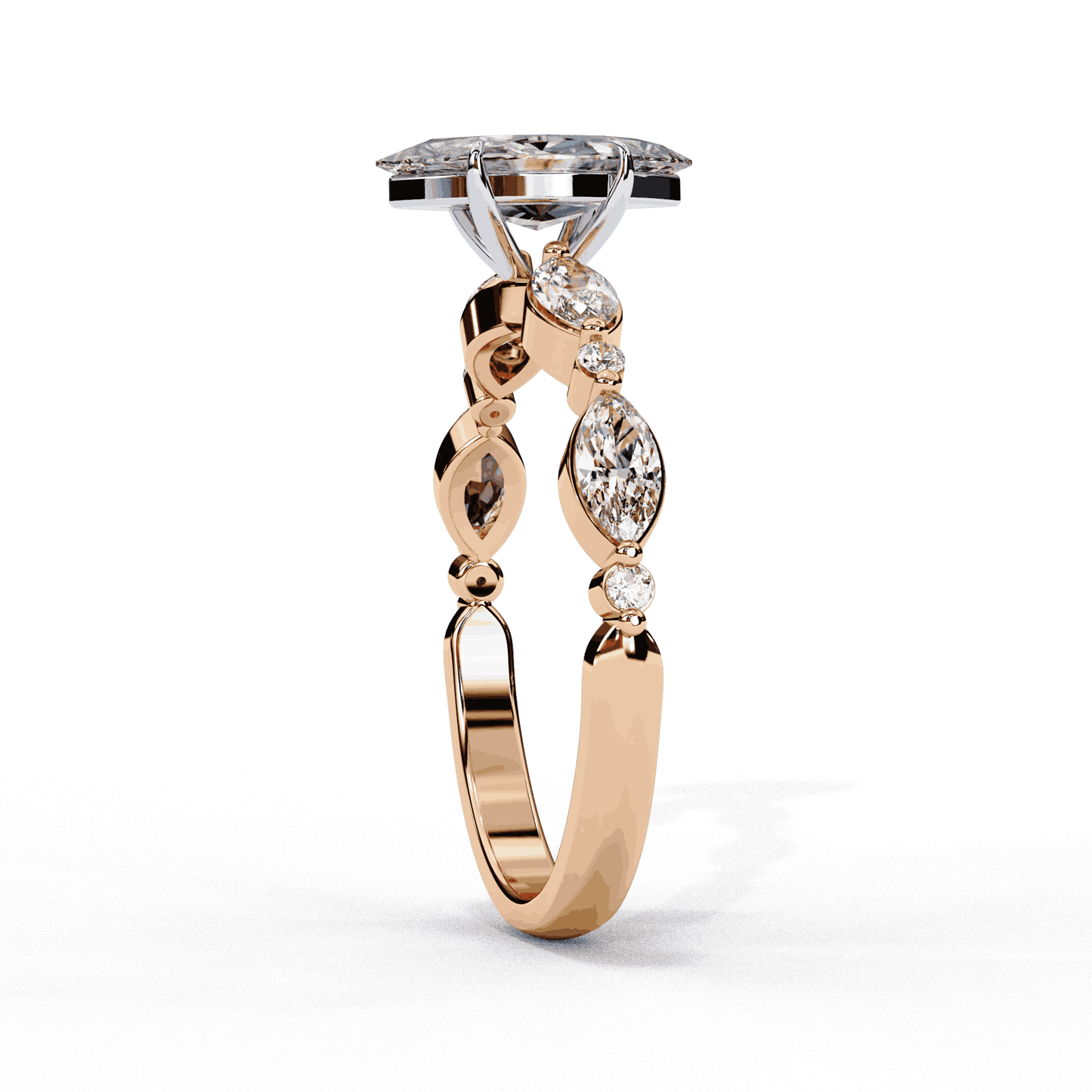 Marquise Cut Lab Grown Diamond Pave Engagement Ring with Marquise and Round Accent Shoulders