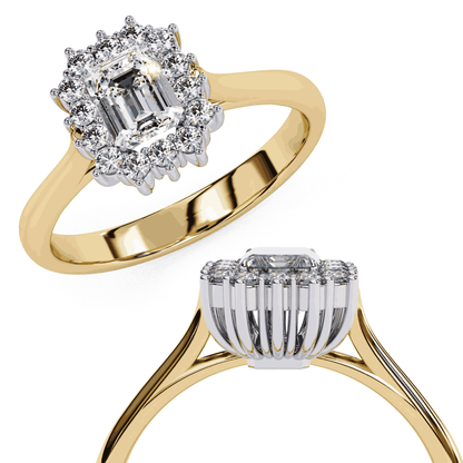 Emerald Cut Lab Grown Diamond Halo Engagement Ring with Vintage Art Deco Halo