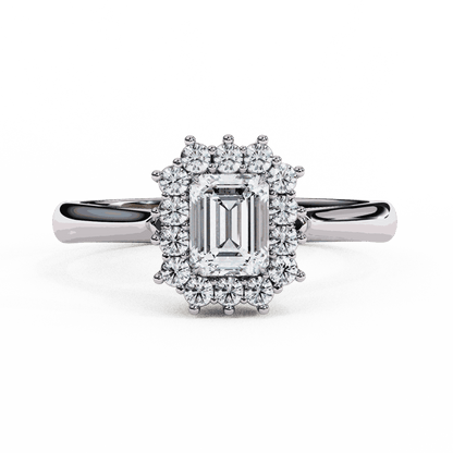 Emerald Cut Lab Grown Diamond Halo Engagement Ring with Vintage Art Deco Halo