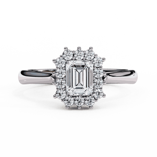Emerald Cut Lab Grown Diamond Halo Engagement Ring with Vintage Art Deco Halo