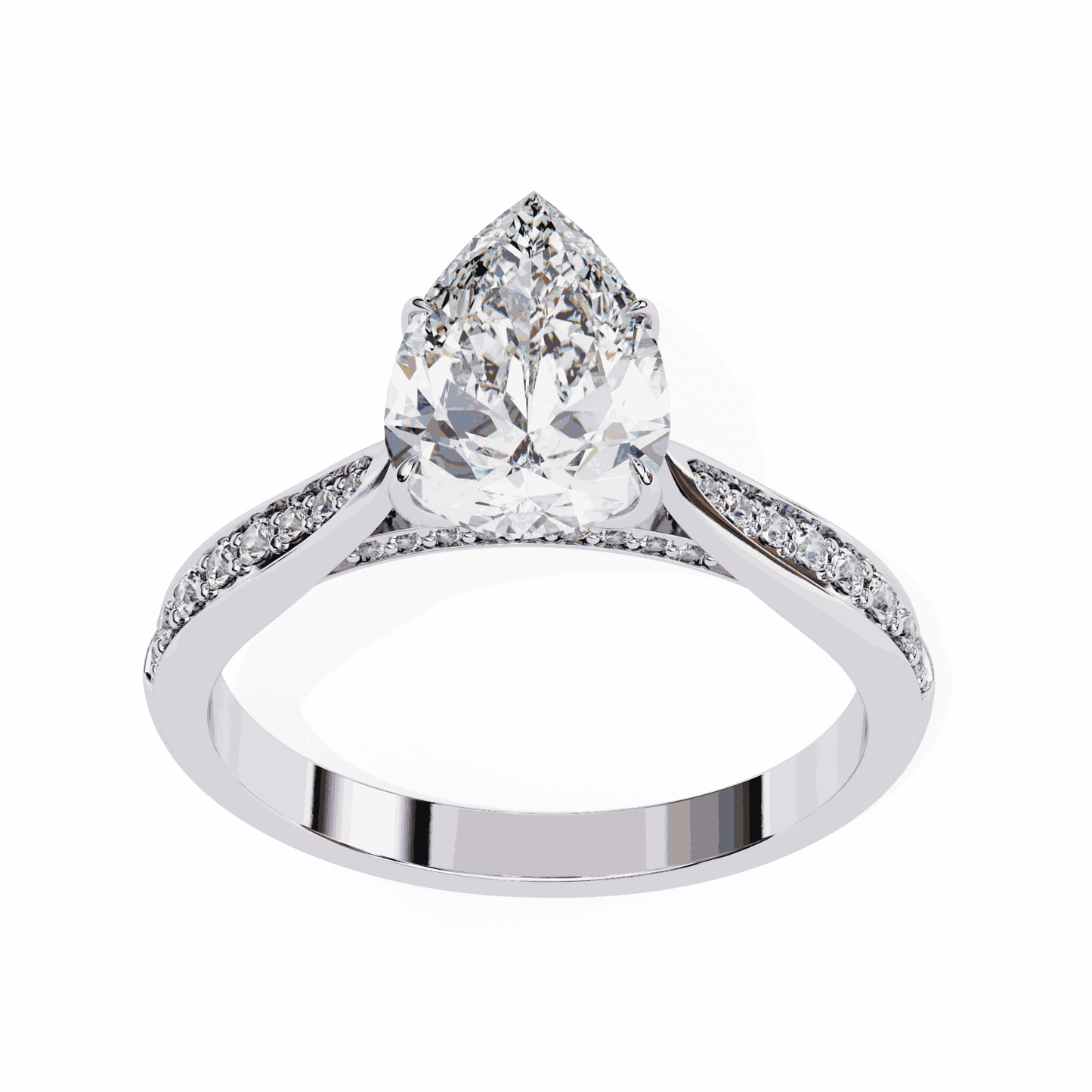 Pear Cut Lab Grown Diamond Side Stone Engagement Ring with Pavé Set Shoulders