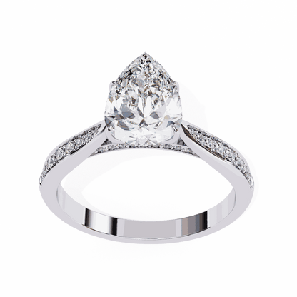 Pear Cut Lab Grown Diamond Side Stone Engagement Ring with Pavé Set Shoulders