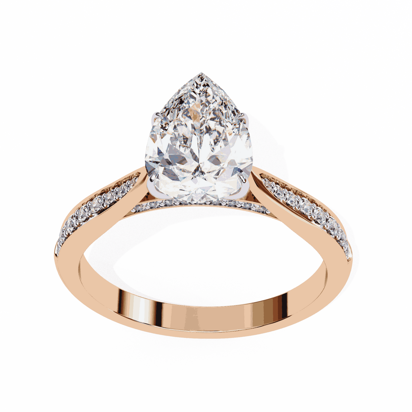 Pear Cut Lab Grown Diamond Side Stone Engagement Ring with Pavé Set Shoulders
