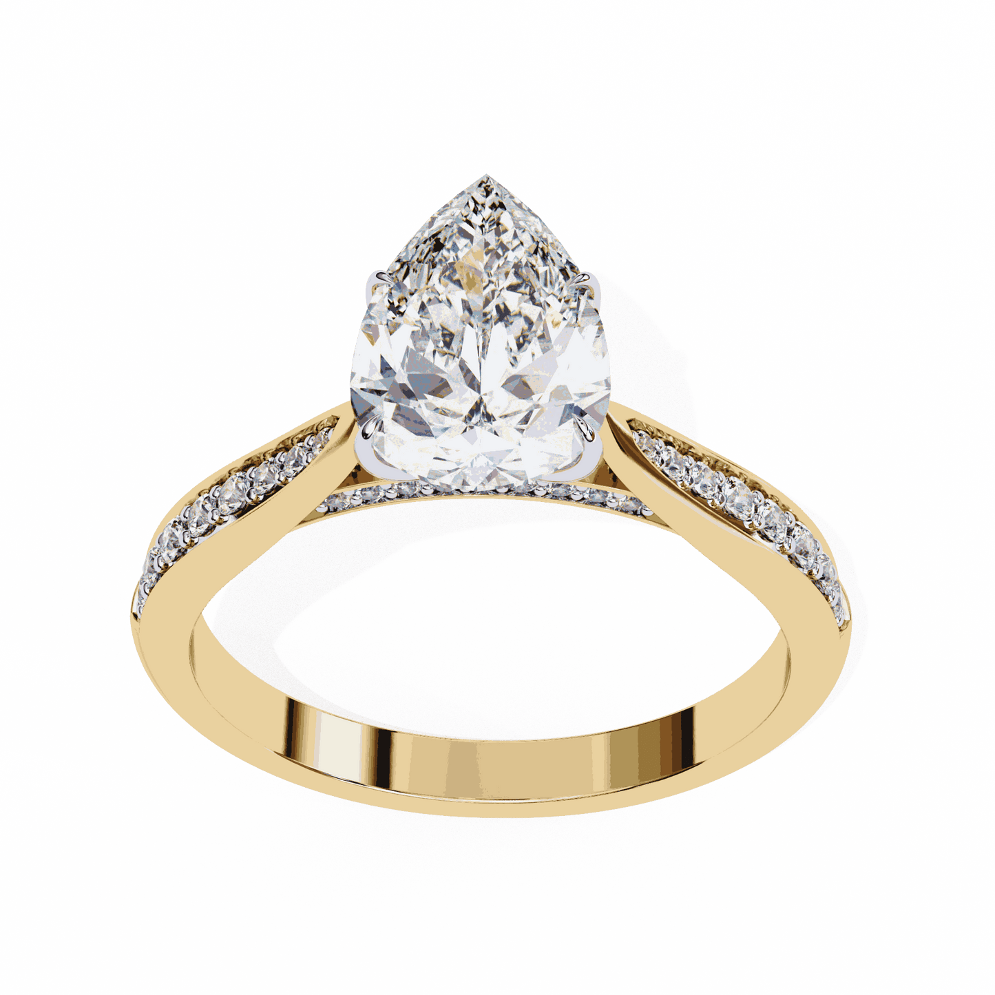 Pear Cut Lab Grown Diamond Side Stone Engagement Ring with Pavé Set Shoulders