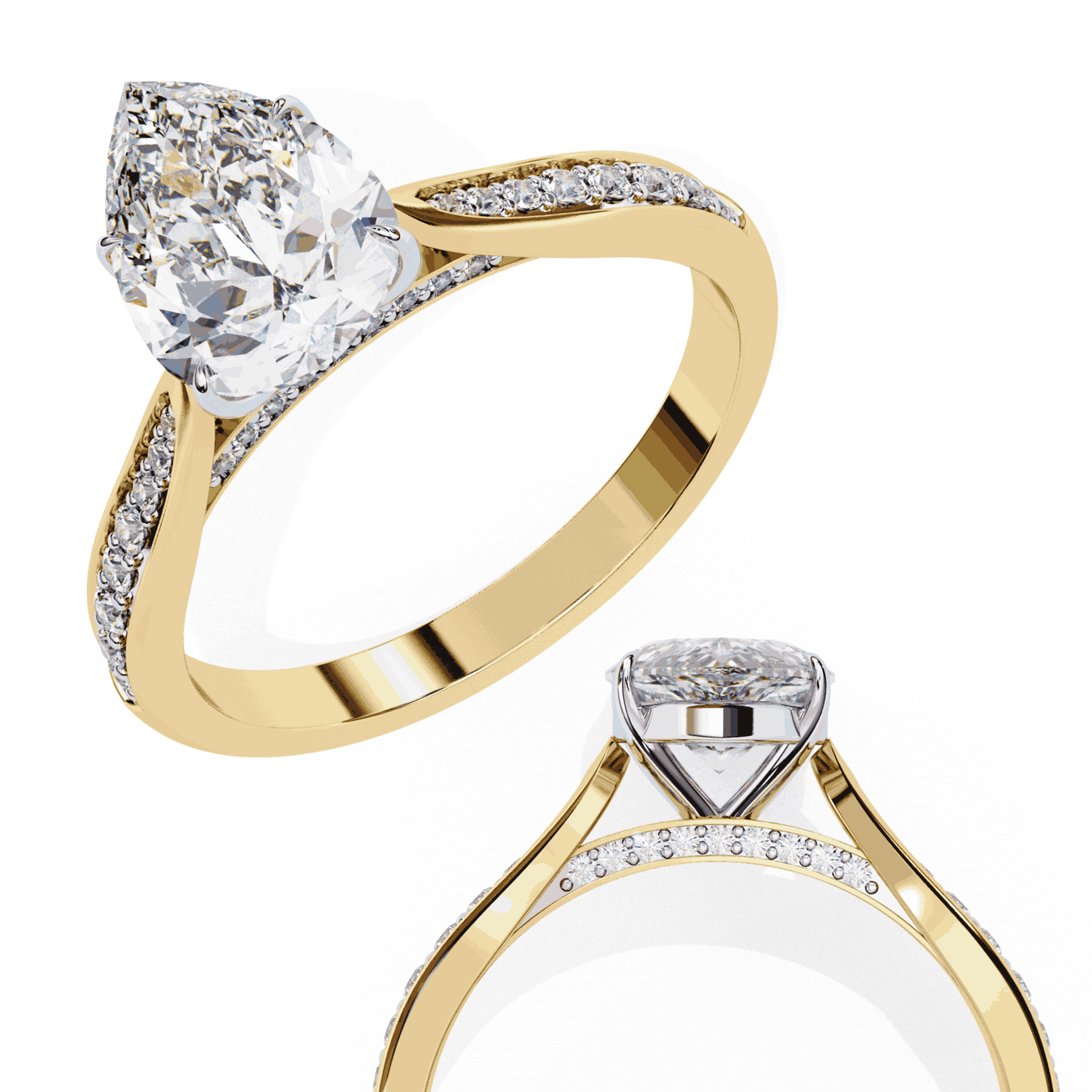 Pear Cut Lab Grown Diamond Side Stone Engagement Ring with Pavé Set Shoulders