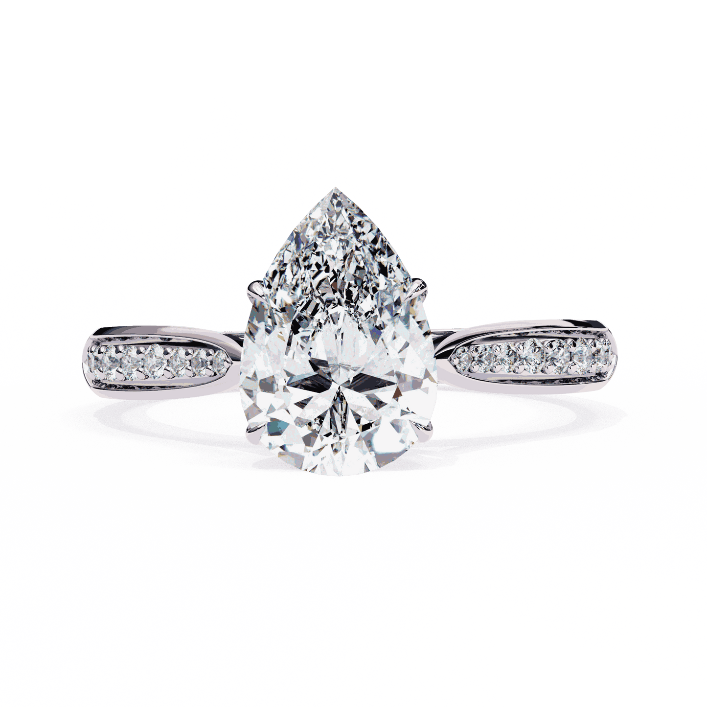 Pear Cut Lab Grown Diamond Side Stone Engagement Ring with Pavé Set Shoulders