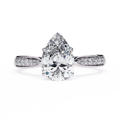 Pear Cut Lab Grown Diamond Side Stone Engagement Ring with Pavé Set Shoulders