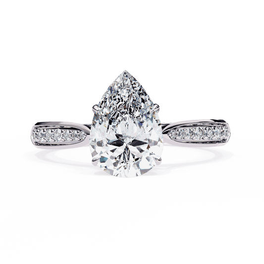 Pear Cut Lab Grown Diamond Side Stone Engagement Ring with Pavé Set Shoulders