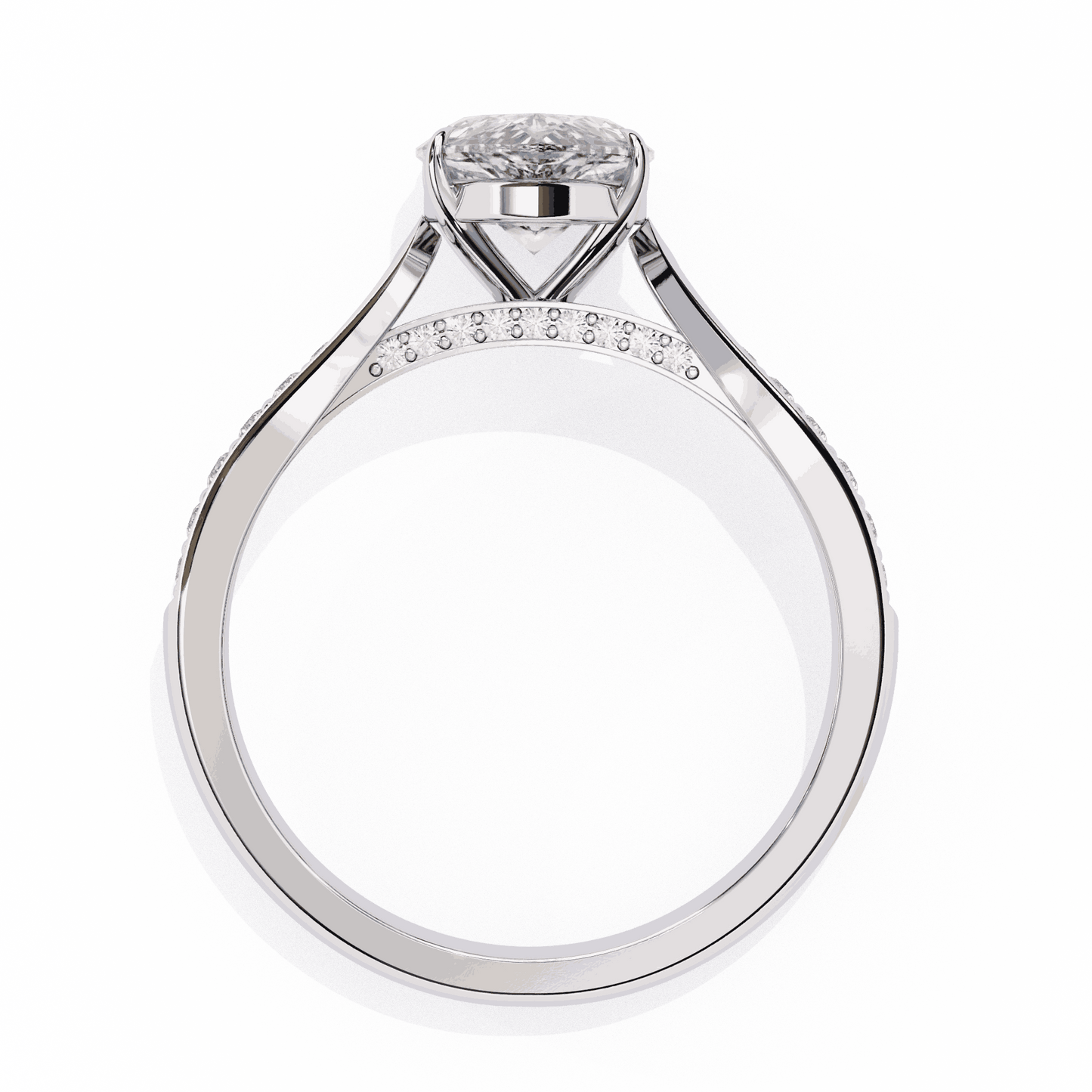 Pear Cut Lab Grown Diamond Side Stone Engagement Ring with Pavé Set Shoulders