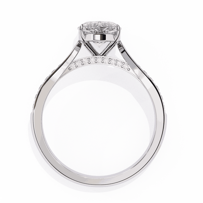 Pear Cut Lab Grown Diamond Side Stone Engagement Ring with Pavé Set Shoulders