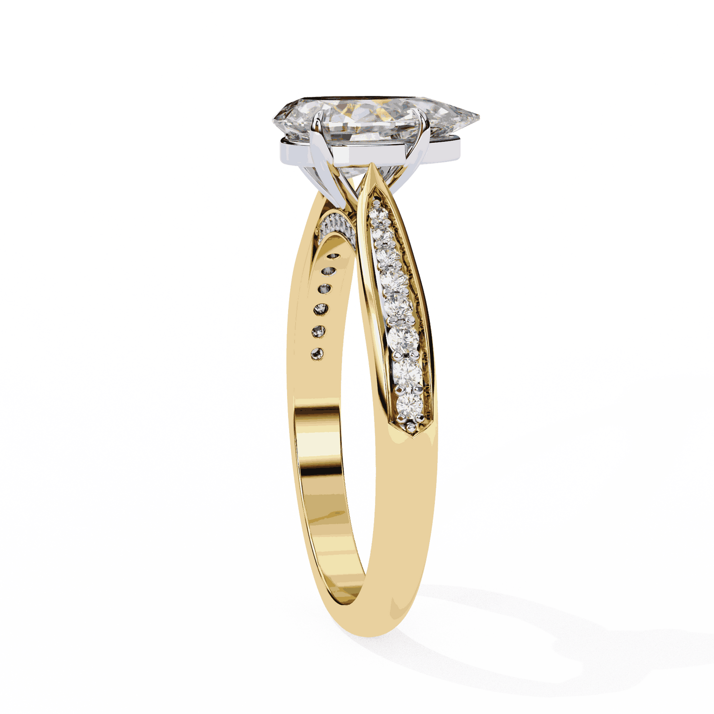 Pear Cut Lab Grown Diamond Side Stone Engagement Ring with Pavé Set Shoulders