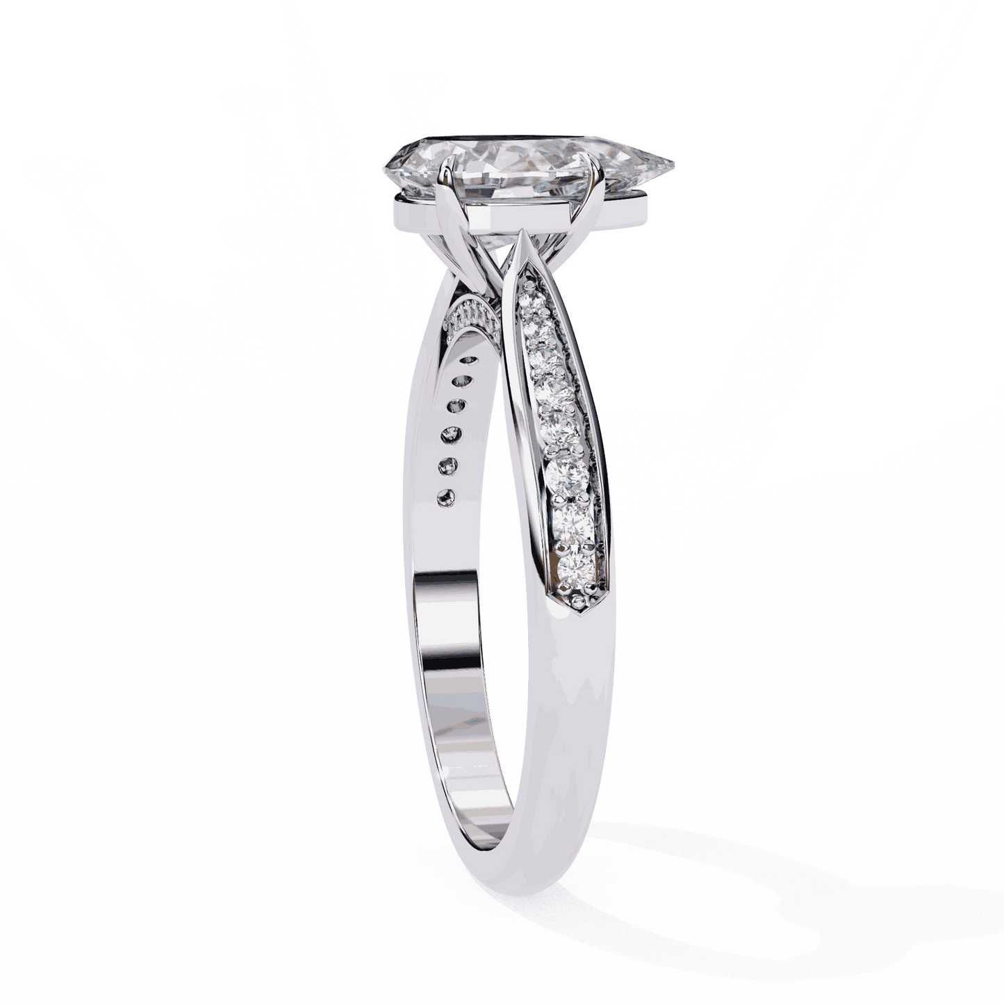 Pear Cut Lab Grown Diamond Side Stone Engagement Ring with Pavé Set Shoulders