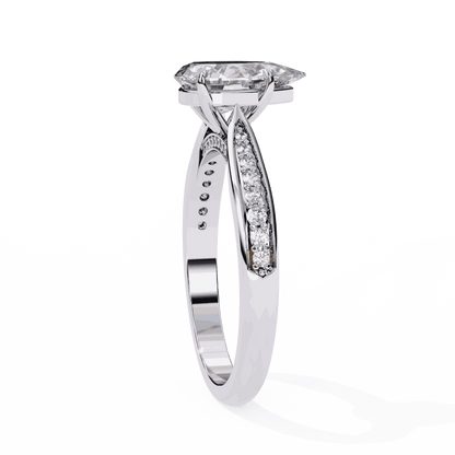 Pear Cut Lab Grown Diamond Side Stone Engagement Ring with Pavé Set Shoulders