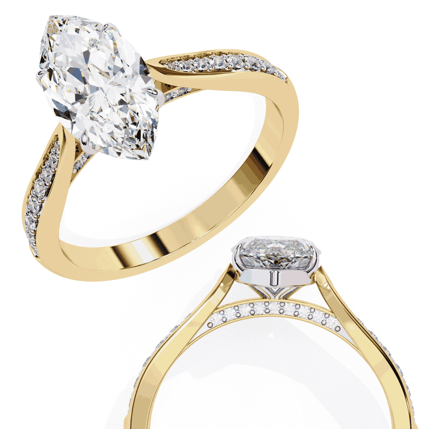Marquise Cut Lab Grown Diamond Side Stone Engagement Ring with Pavé Set Shoulders