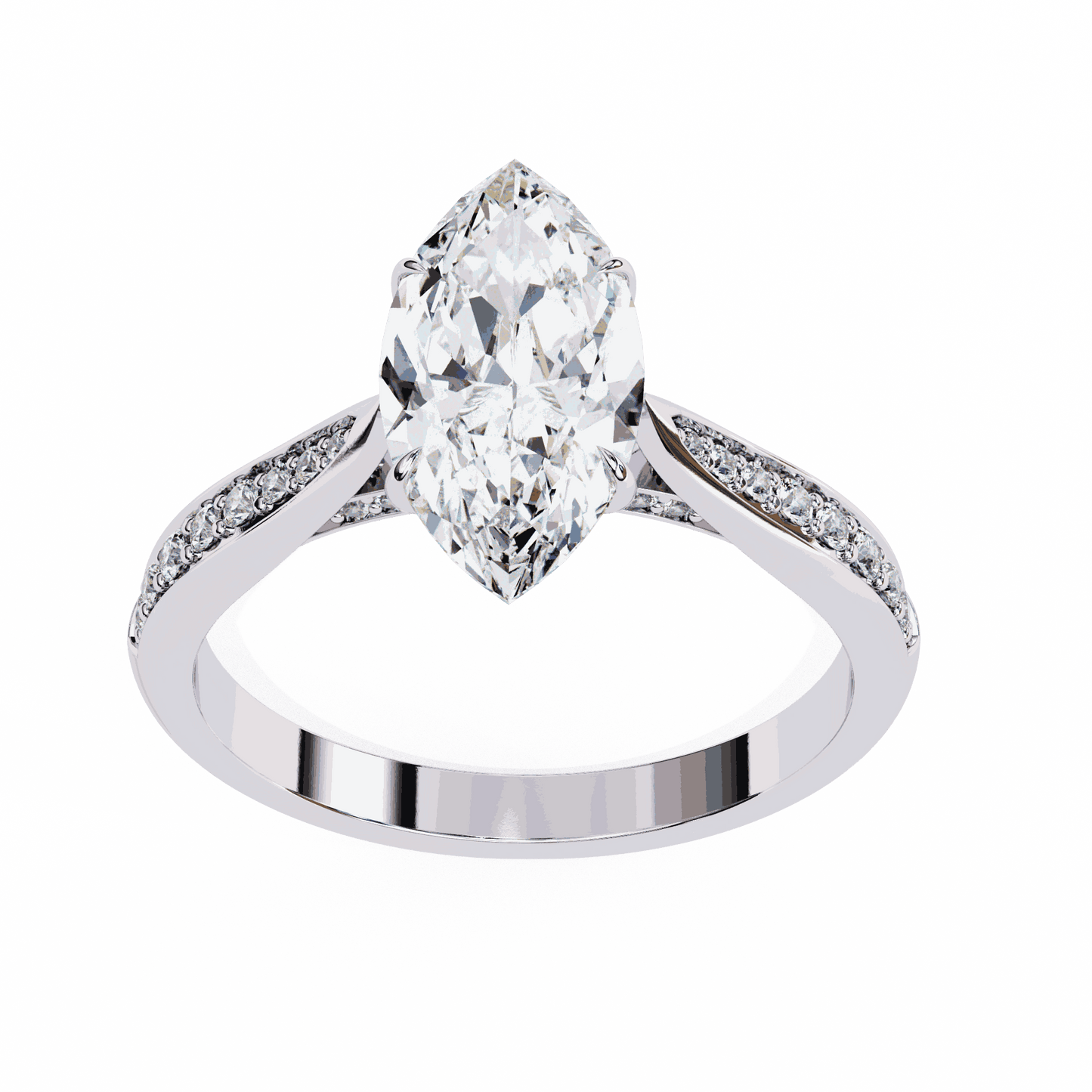 Marquise Cut Lab Grown Diamond Side Stone Engagement Ring with Pavé Set Shoulders