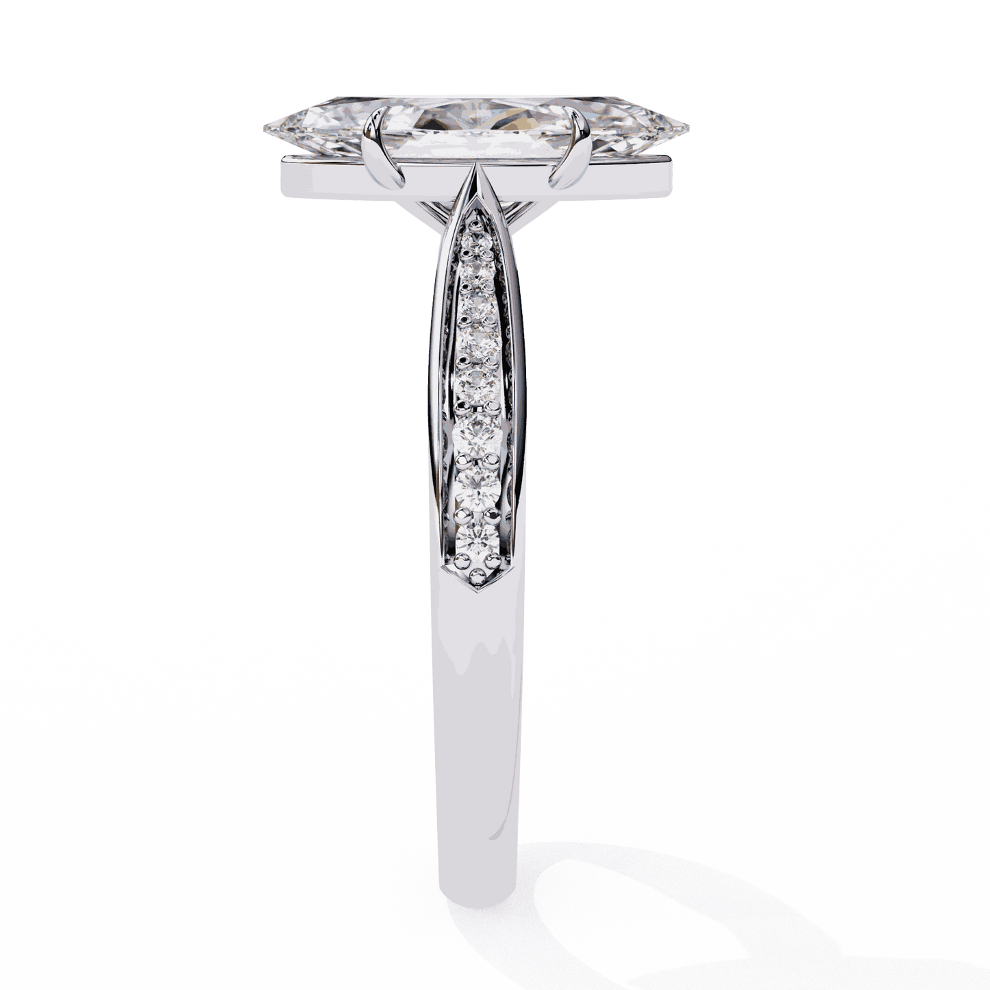 Marquise Cut Lab Grown Diamond Side Stone Engagement Ring with Pavé Set Shoulders
